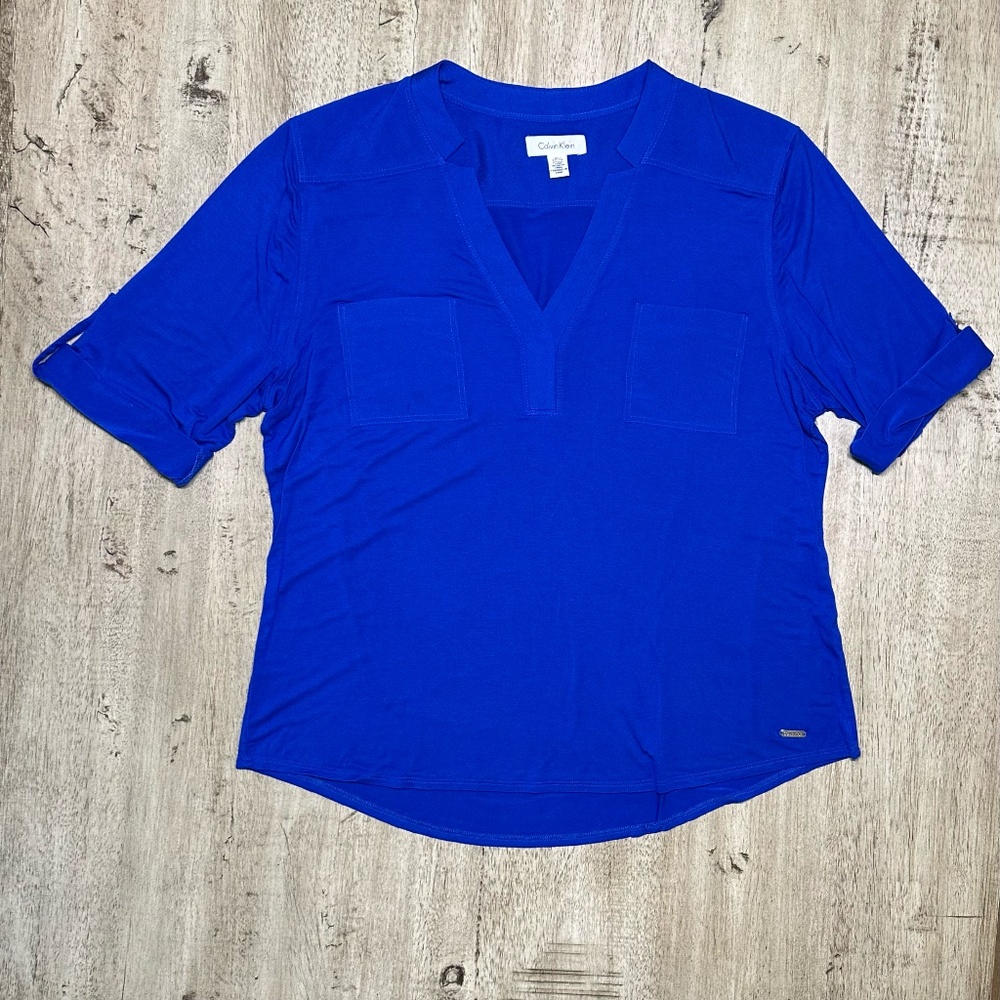 Calvin Klein Rolled Short Sleeve V-Neck Blouse